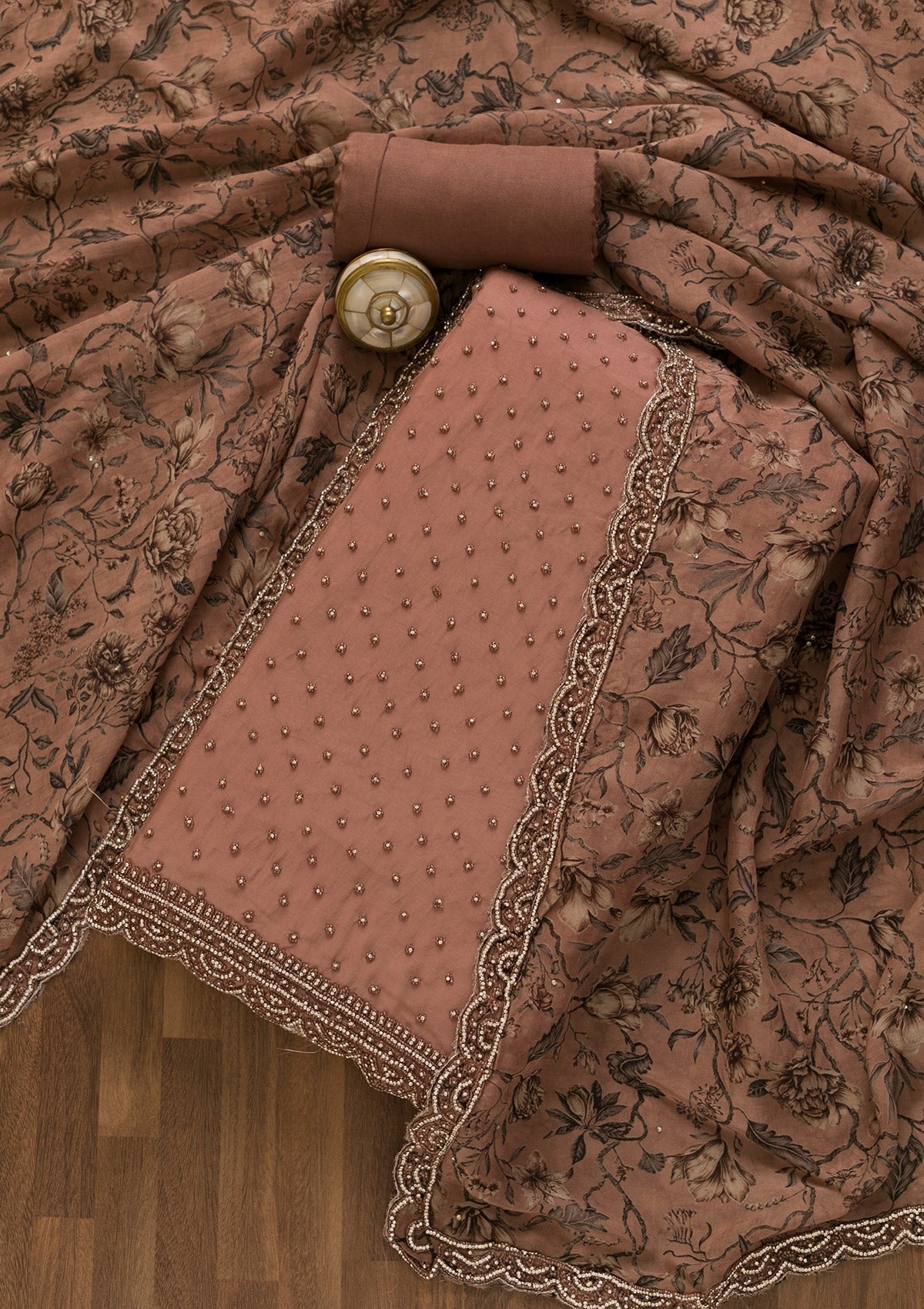 Mauve Pearlwork Organza Unstitched Salwar Kameez-Koskii