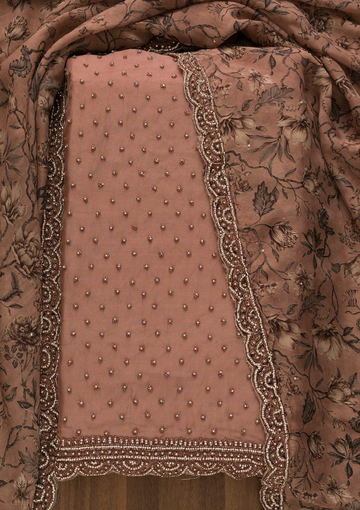 Mauve Pearlwork Organza Unstitched Salwar Kameez-Koskii