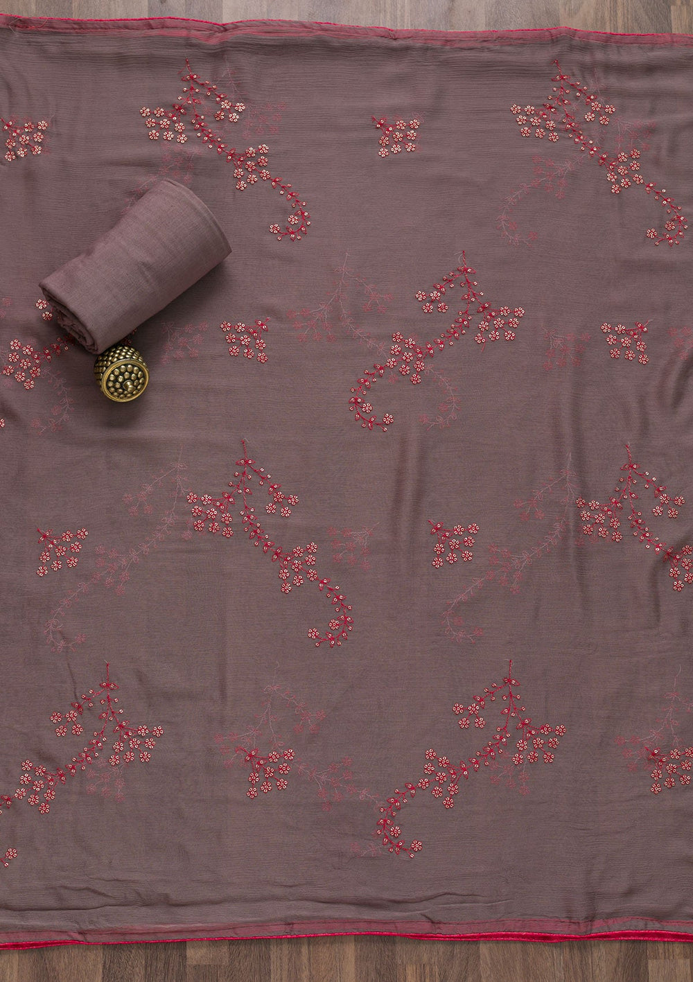 Mauve Printed Semi Crepe Unstitched Salwar Suit-Koskii