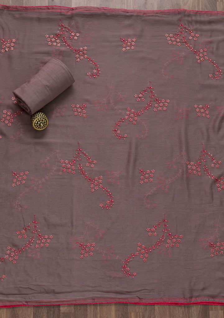Mauve Printed Semi Crepe Unstitched Salwar Suit-Koskii