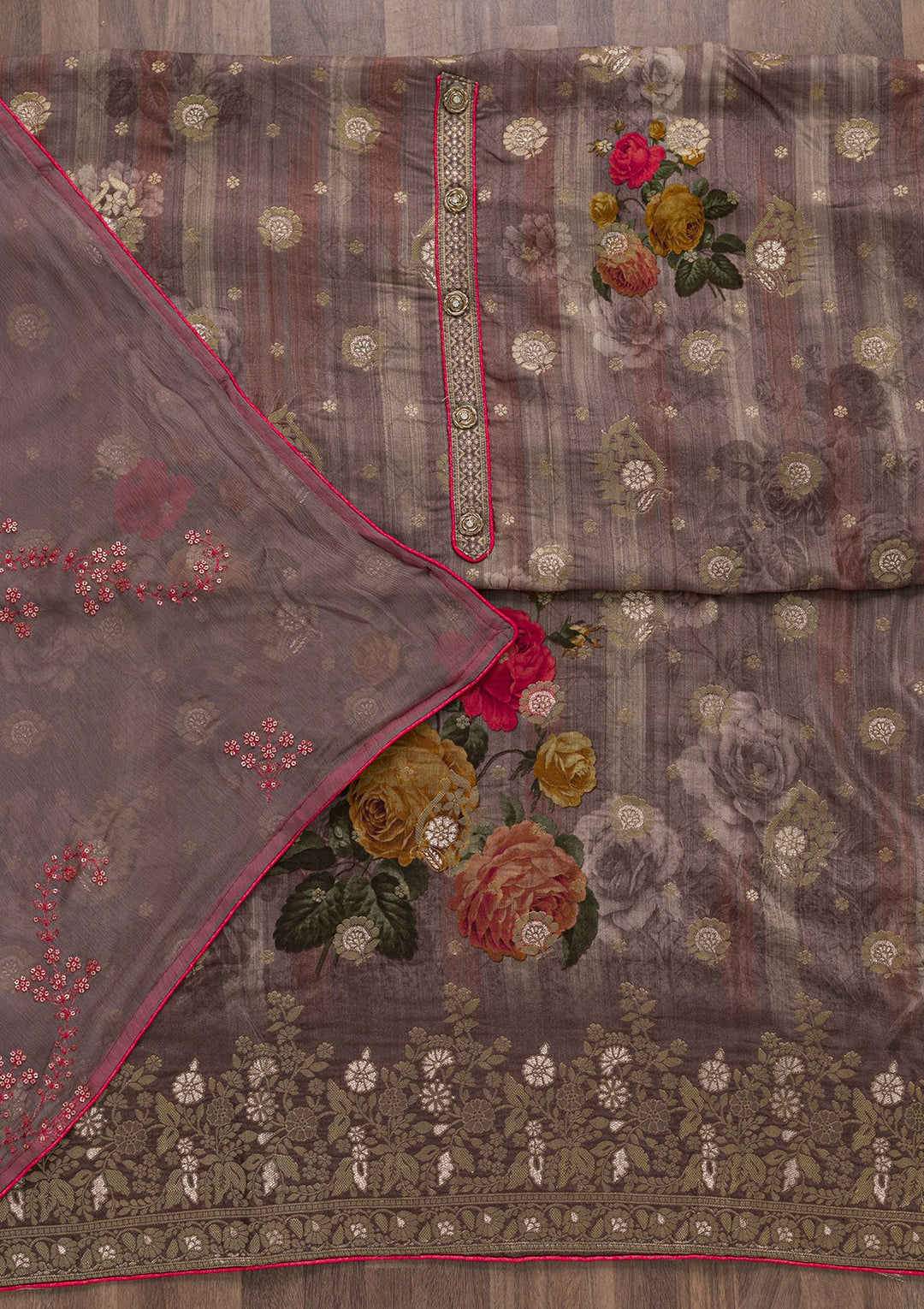 Mauve Printed Semi Crepe Unstitched Salwar Suit-Koskii