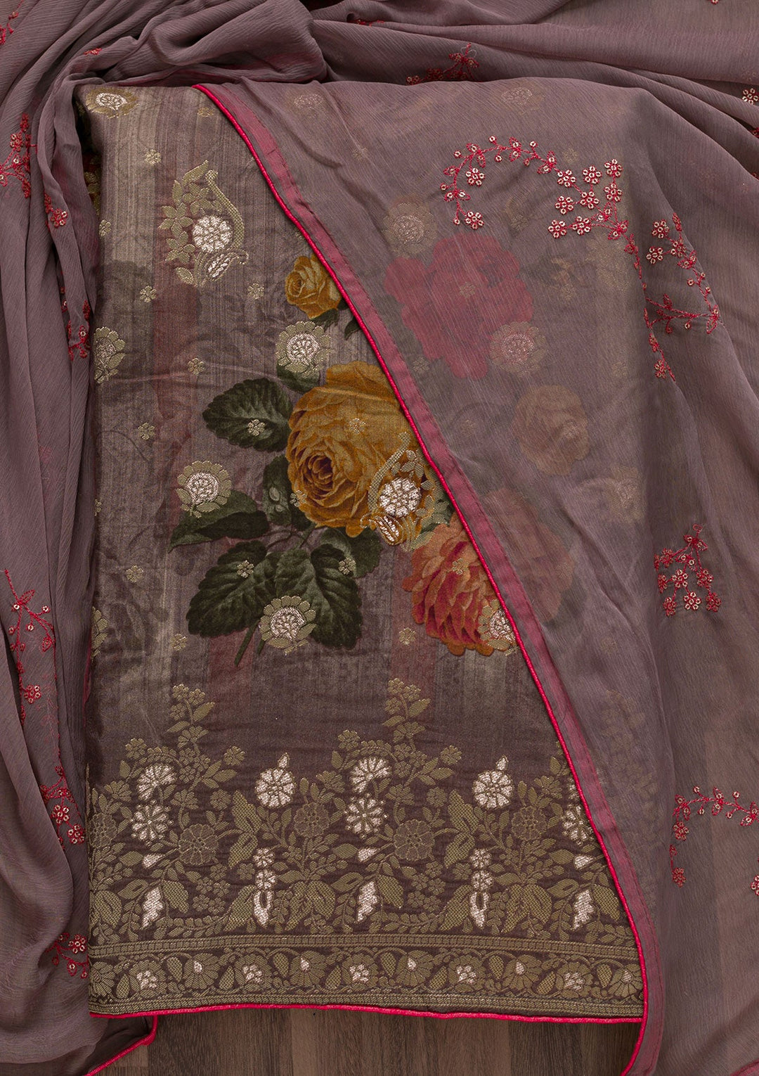 Mauve Printed Semi Crepe Unstitched Salwar Suit-Koskii