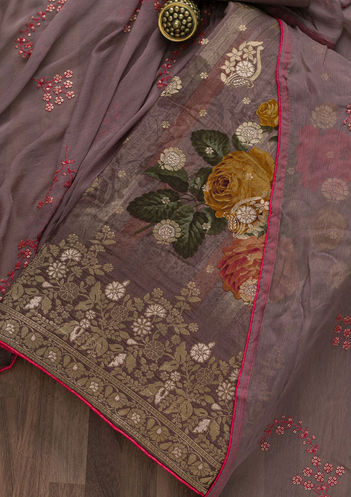 Mauve Printed Semi Crepe Unstitched Salwar Suit-Koskii