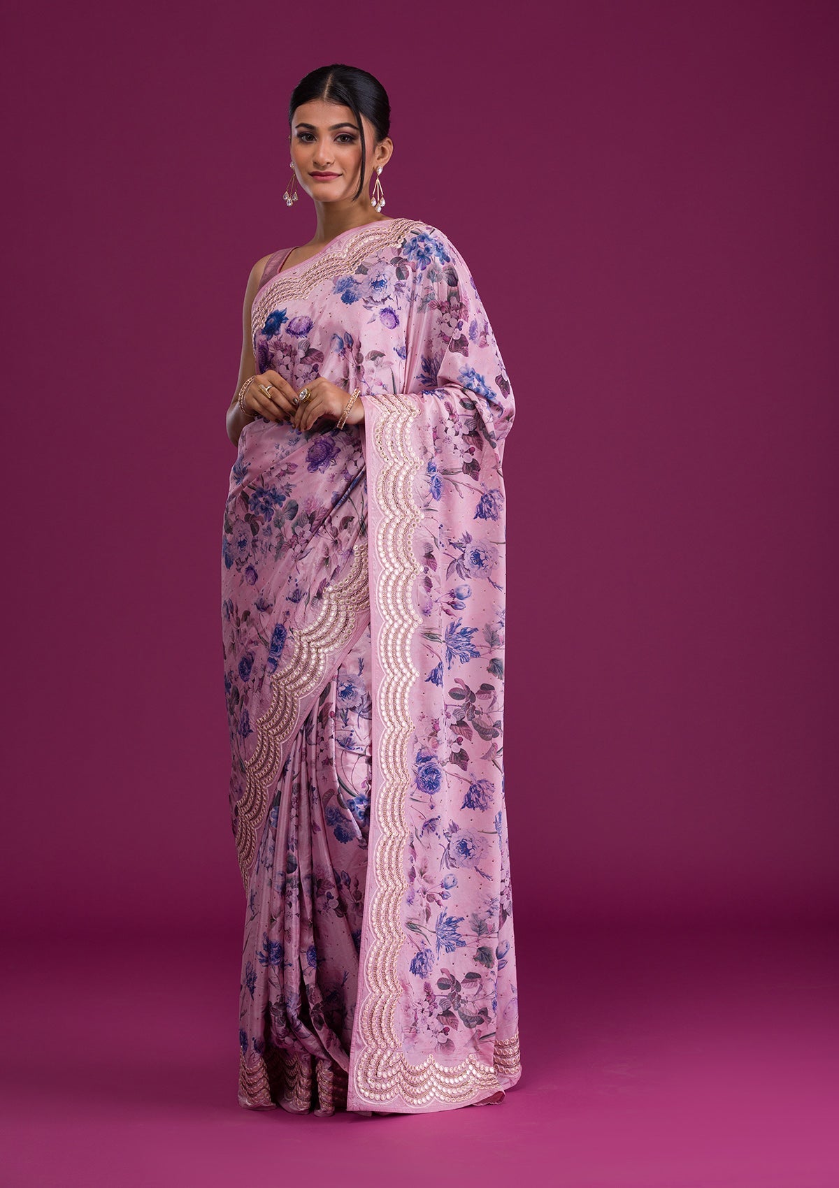 Mauve Printed Semi Crepe Saree-Koskii