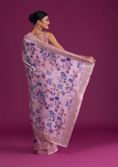 Mauve Printed Semi Crepe Saree-Koskii