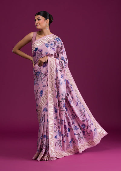 Mauve Printed Semi Crepe Saree-Koskii