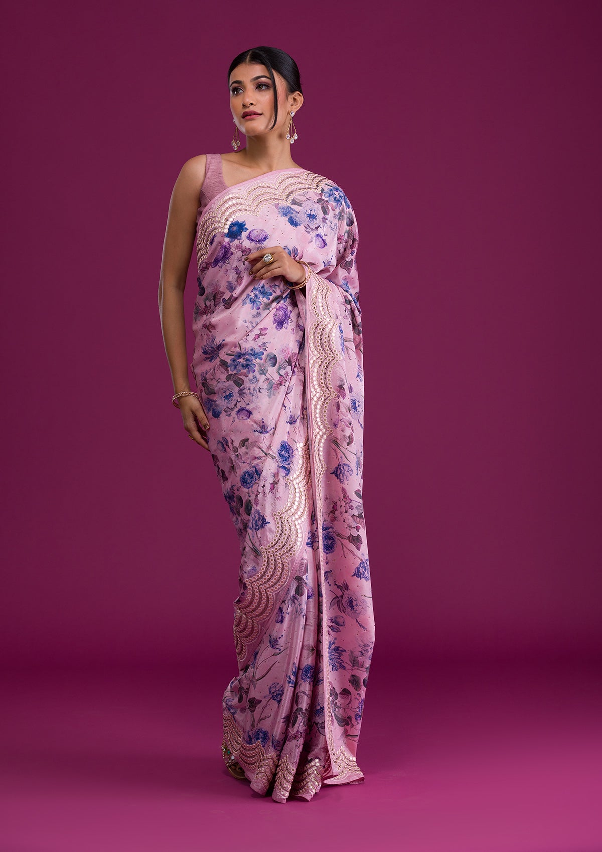 Mauve Printed Semi Crepe Saree-Koskii