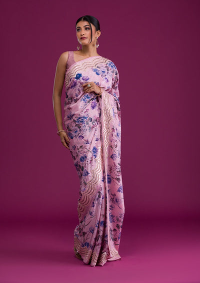 Mauve Printed Semi Crepe Saree-Koskii