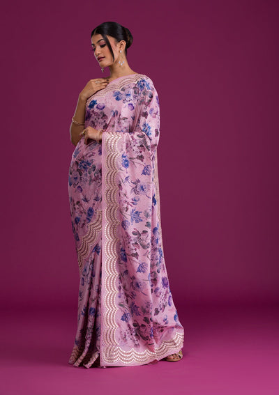 Mauve Printed Semi Crepe Saree-Koskii