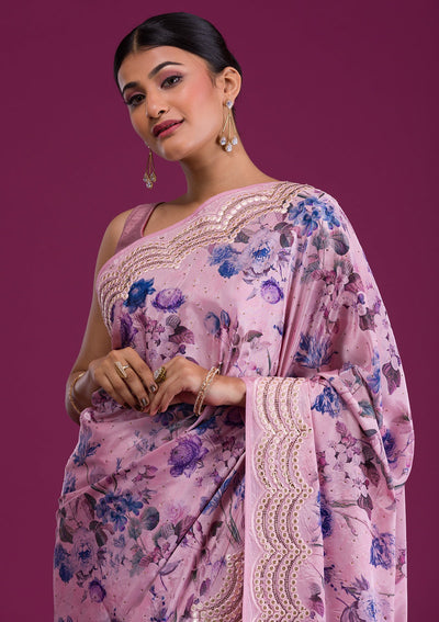 Mauve Printed Semi Crepe Saree-Koskii