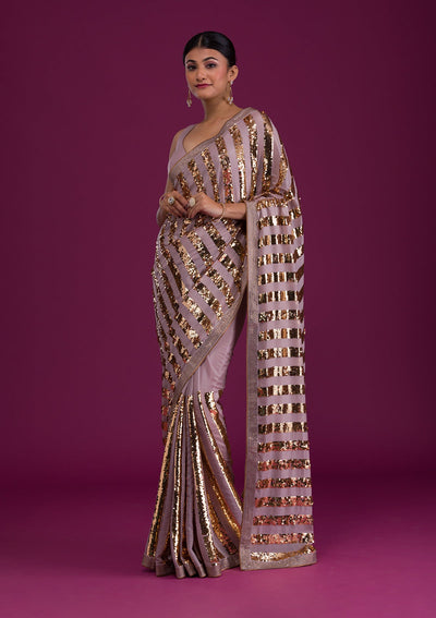 Mauve Sequins Semi Crepe Saree-Koskii