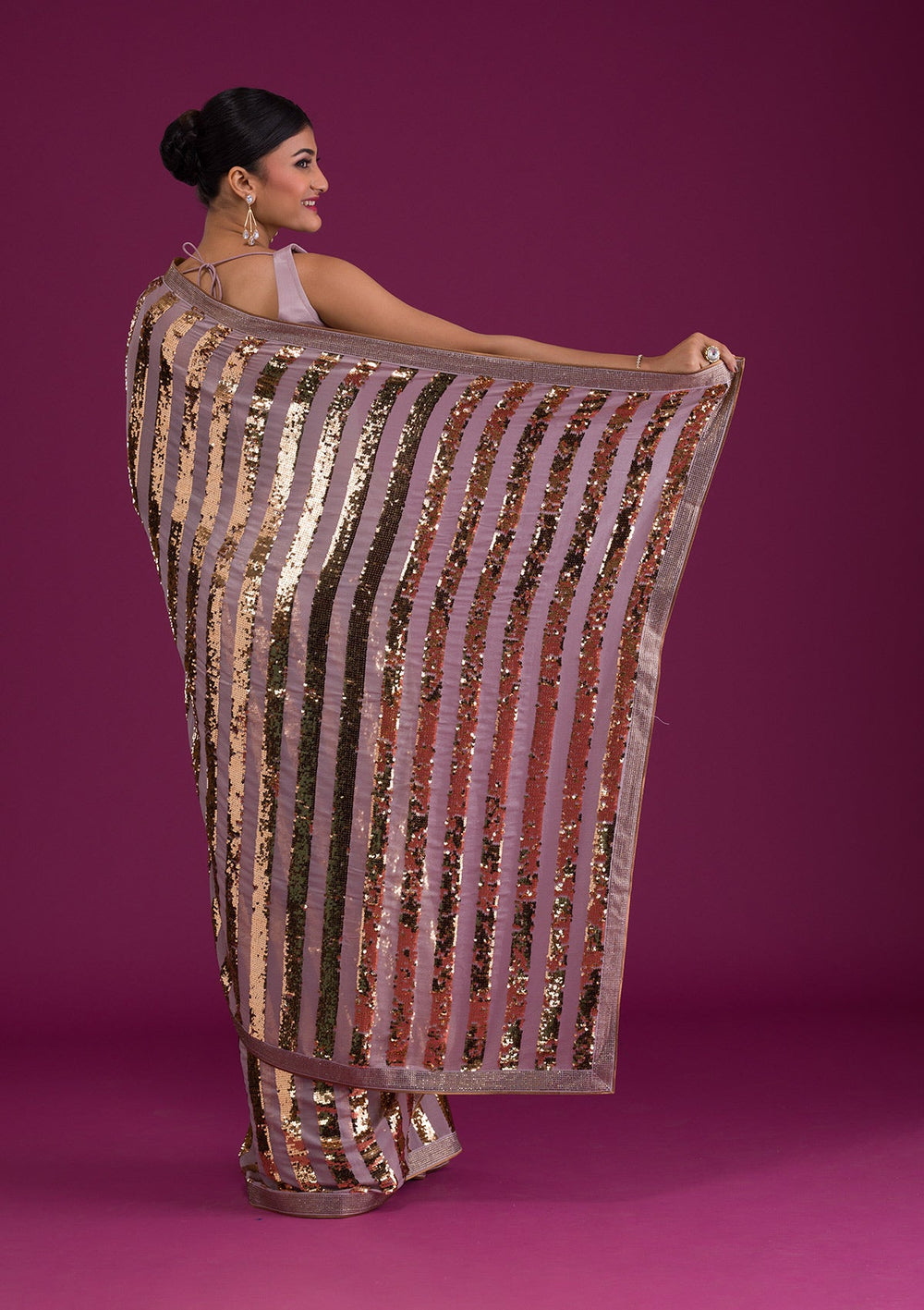 Mauve Sequins Semi Crepe Unstitched Saree-Koskii