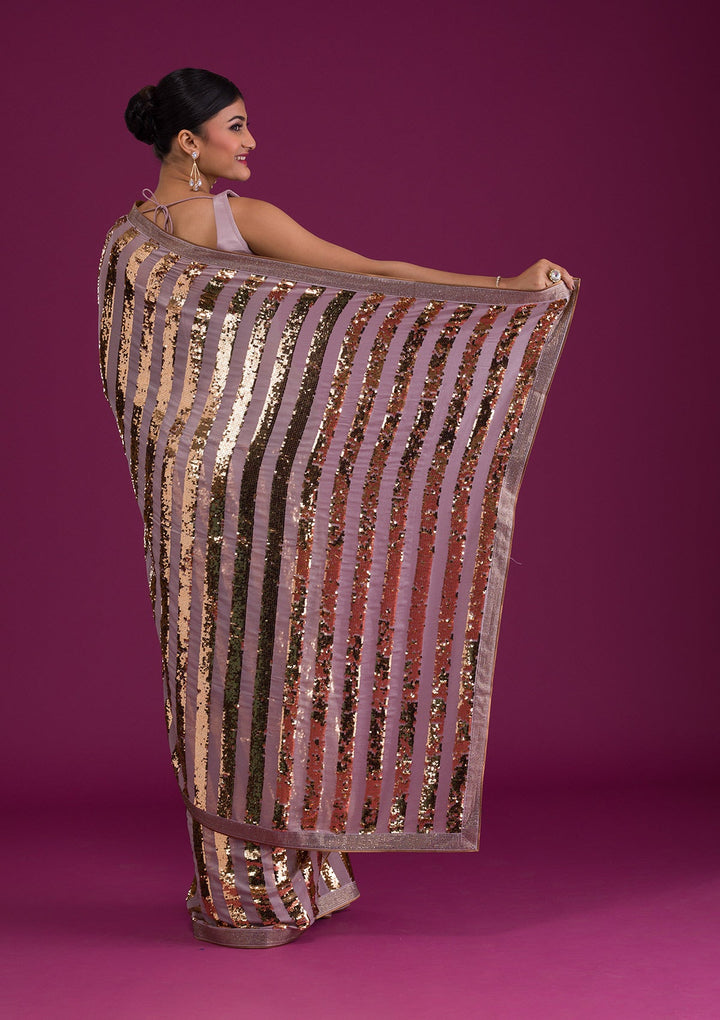 Mauve Sequins Semi Crepe Unstitched Saree-Koskii