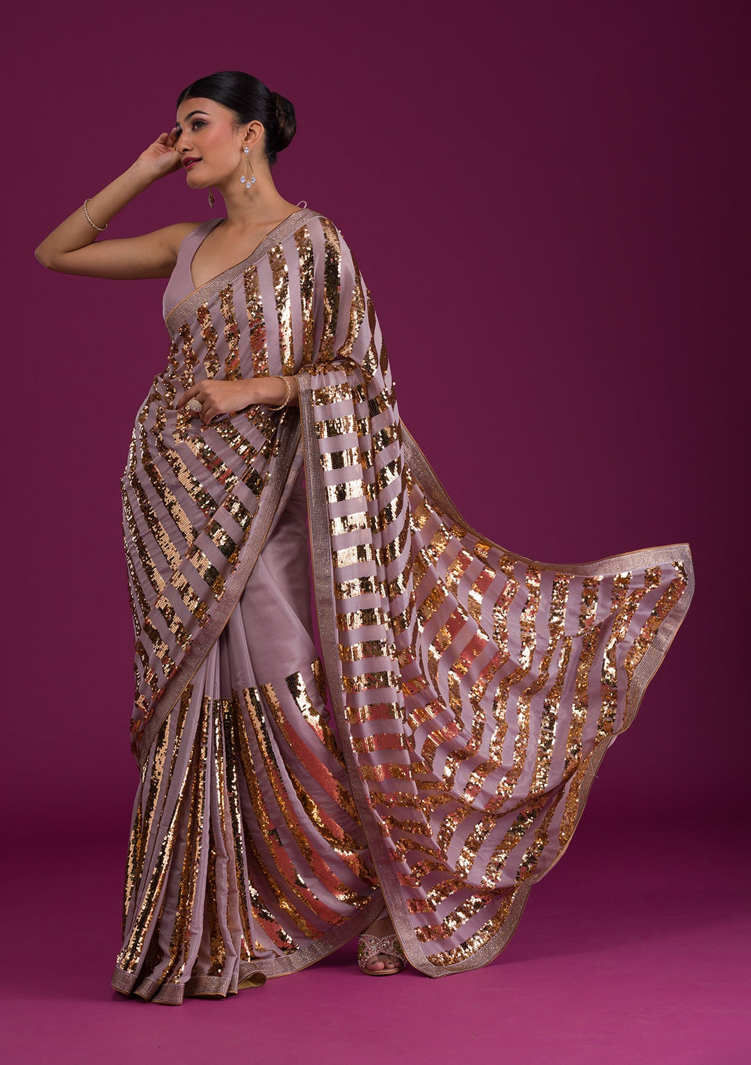 Mauve Sequins Semi Crepe Unstitched Saree-Koskii