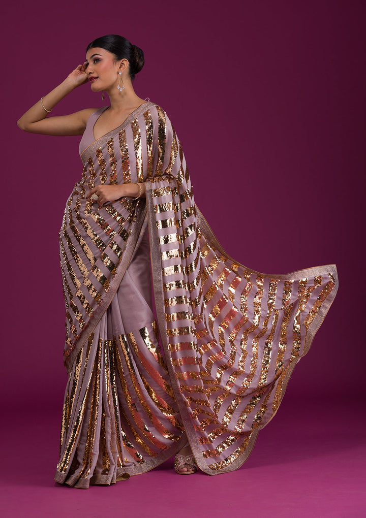 Mauve Sequins Semi Crepe Unstitched Saree-Koskii