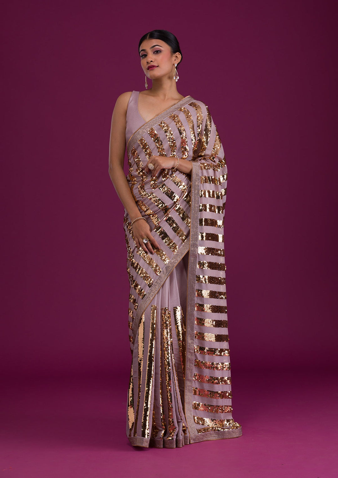 Mauve Sequins Semi Crepe Unstitched Saree-Koskii