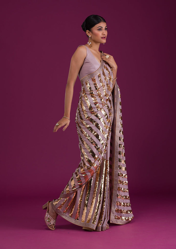 Mauve Sequins Semi Crepe Unstitched Saree-Koskii