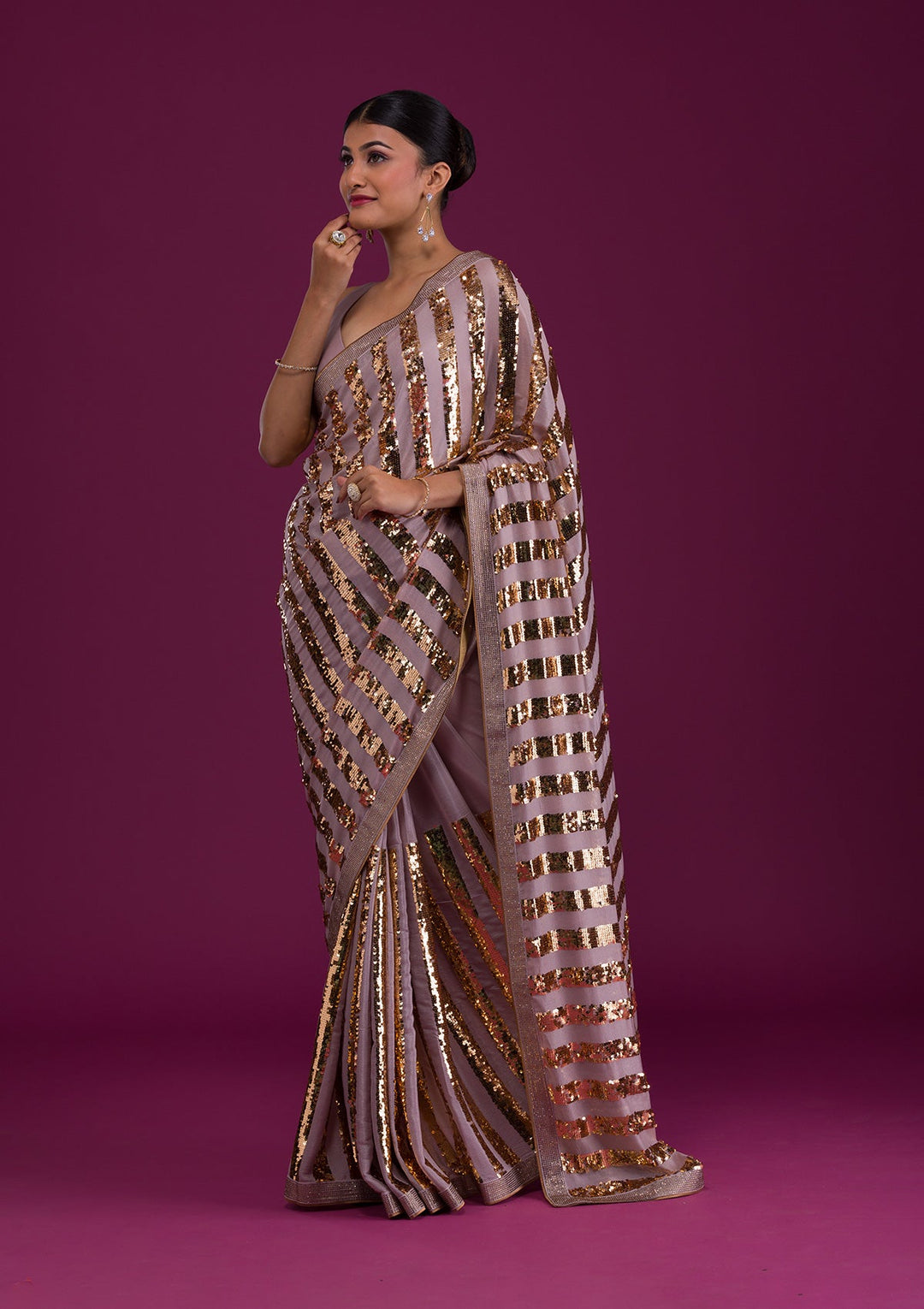 Mauve Sequins Semi Crepe Unstitched Saree-Koskii
