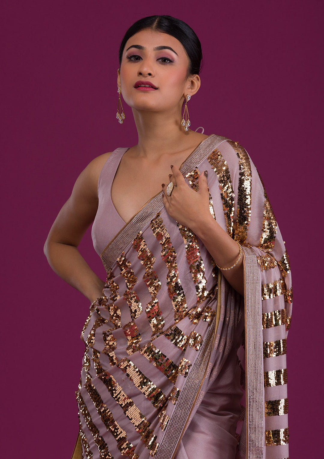 Mauve Sequins Semi Crepe Unstitched Saree-Koskii