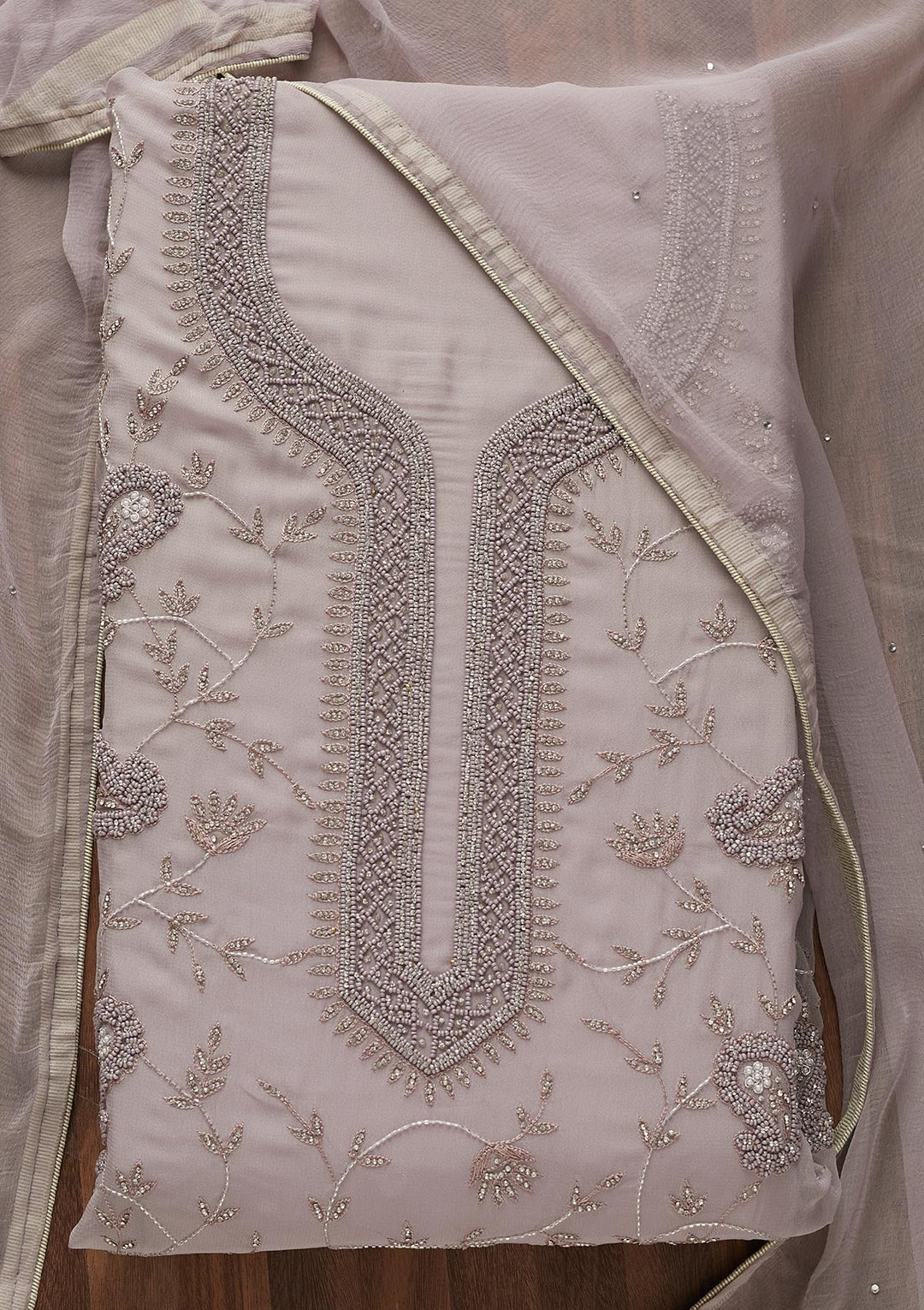 Mauve Silver Stonework Georgette  Unstitched Salwar Suit - Koskii