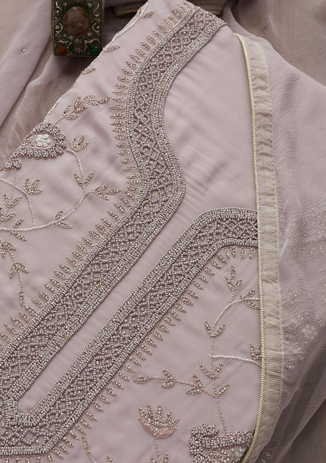 Mauve Silver Stonework Georgette  Unstitched Salwar Suit - Koskii