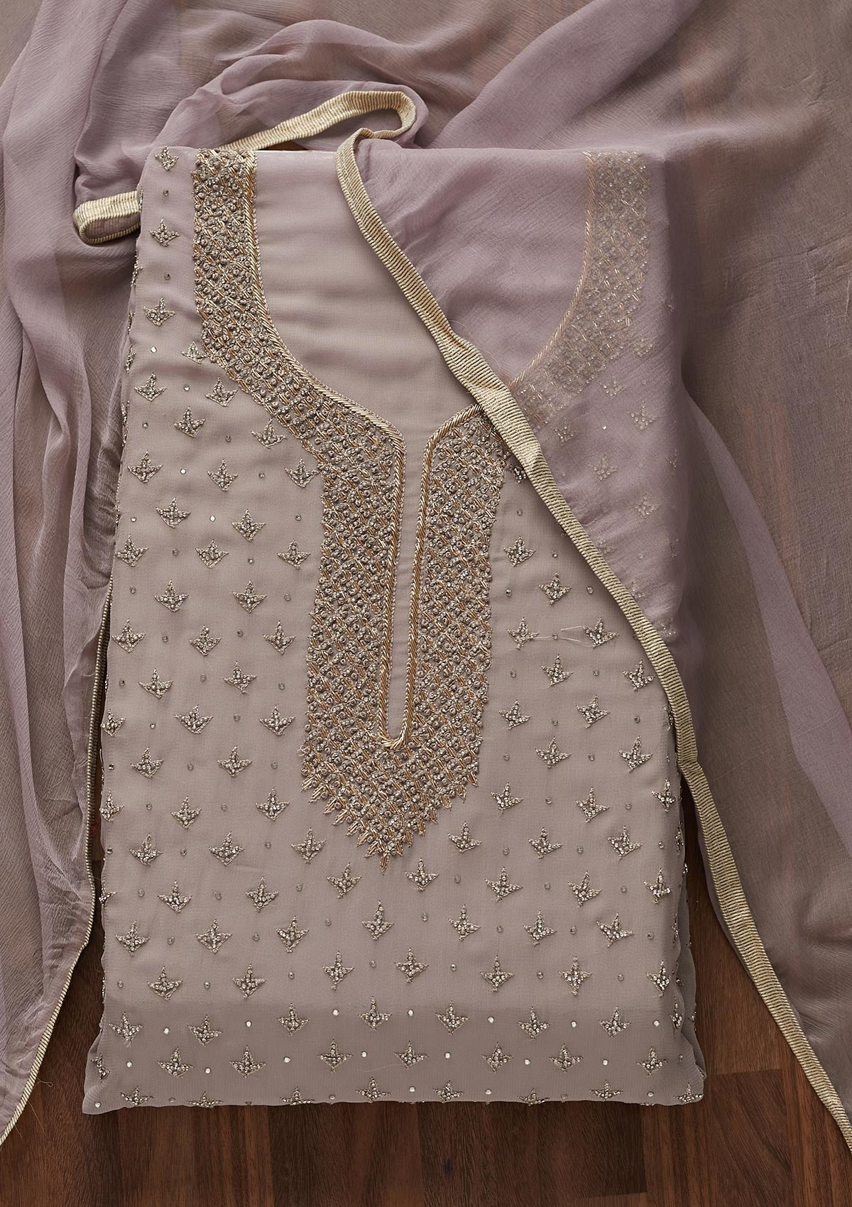 Mauve Silver Stonework Georgette Designer Unstitched Salwar Suit - Koskii