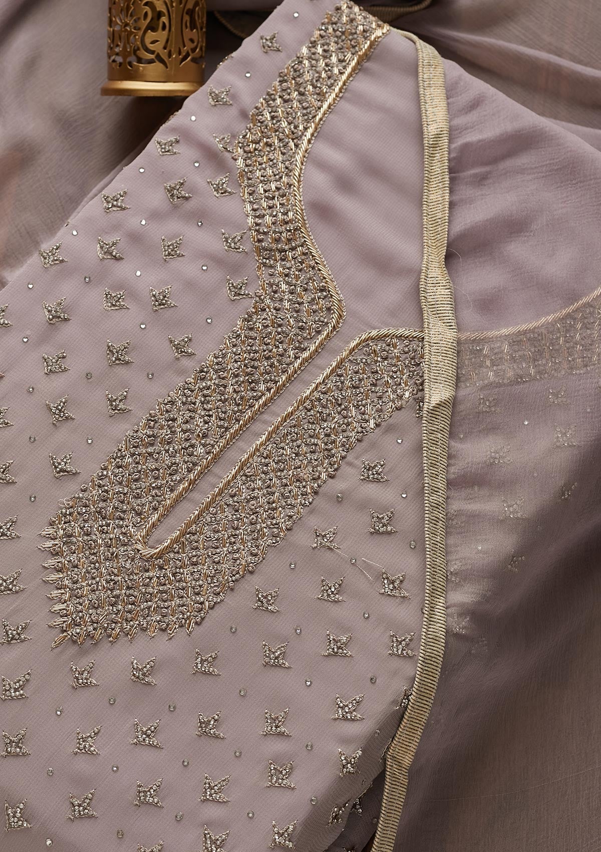 Mauve Silver Stonework Georgette Designer Unstitched Salwar Suit - Koskii