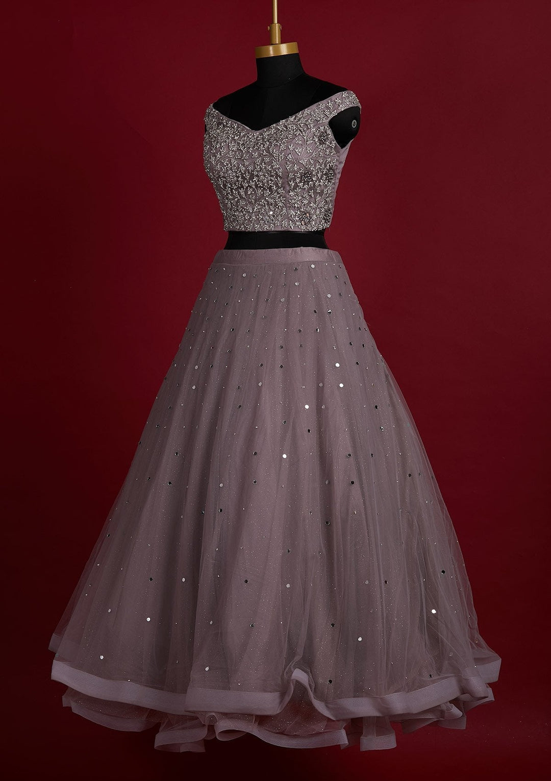 Mauve Silver Stonework Net Designer Lehenga - Koskii