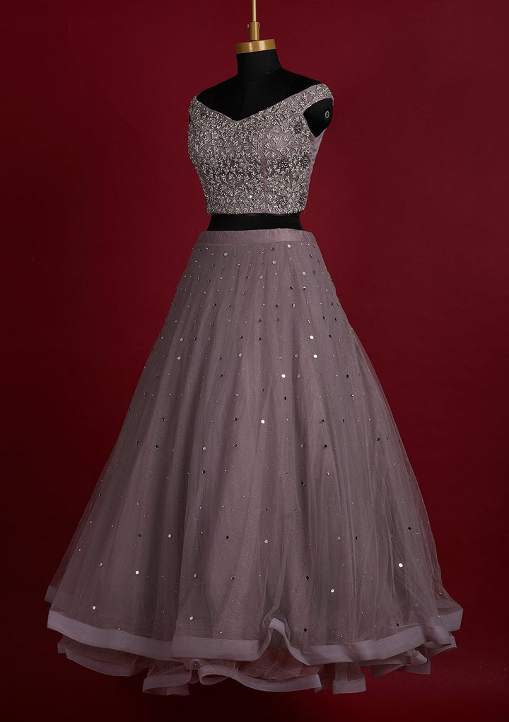 Mauve Silver Stonework Net Designer Lehenga - Koskii