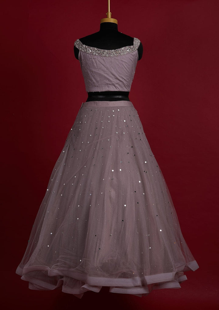 Mauve Silver Stonework Net Designer Lehenga - Koskii