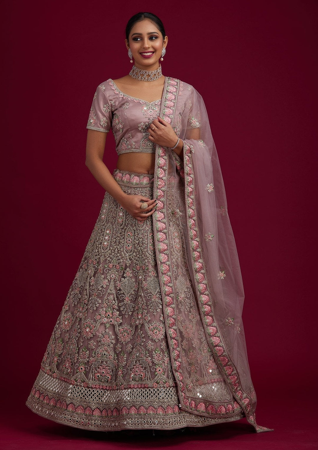 Mauve Silver Stonework Net Designer Semi-Stitched Lehenga - koskii