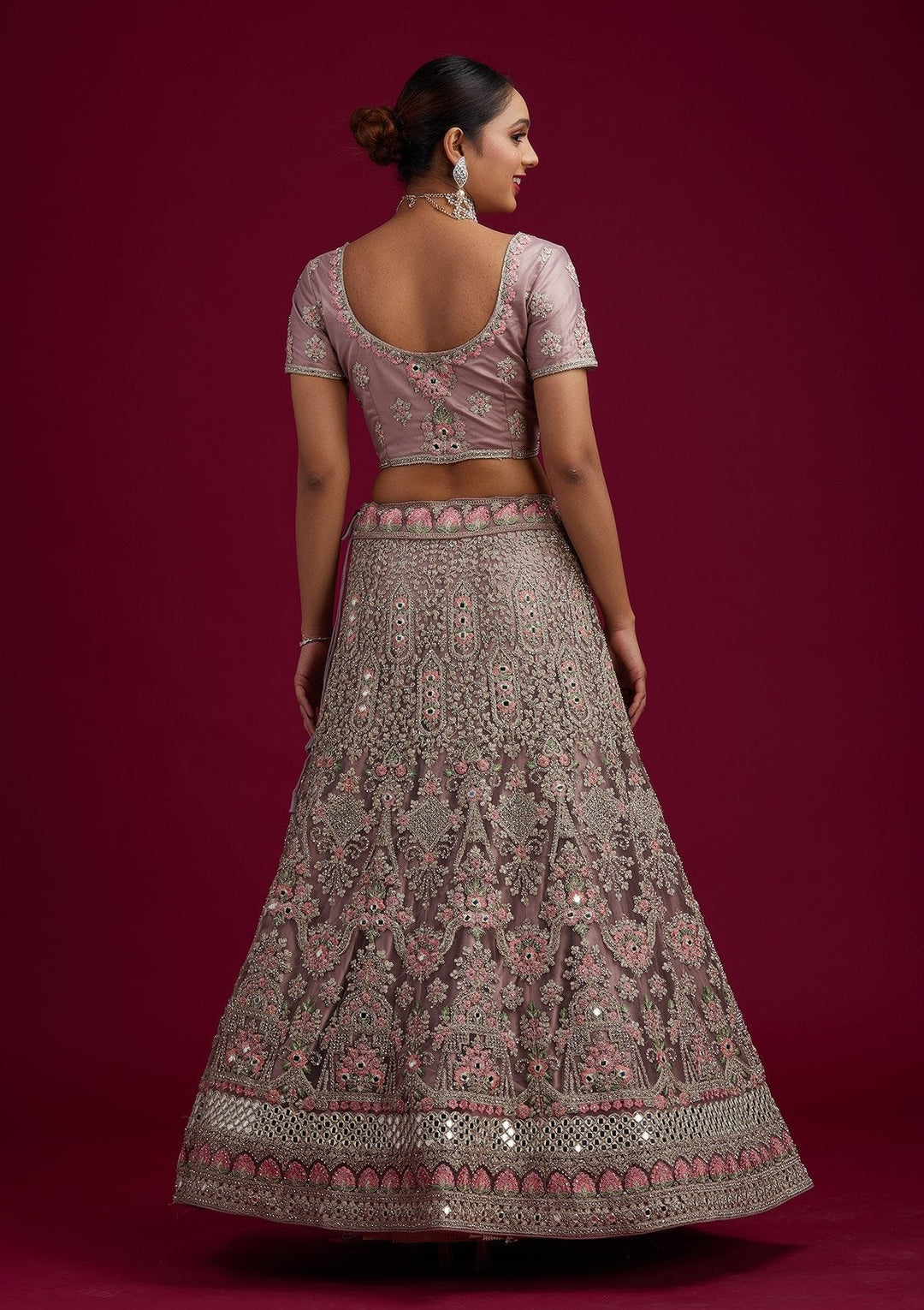 Mauve Silver Stonework Net Designer Semi-Stitched Lehenga - koskii