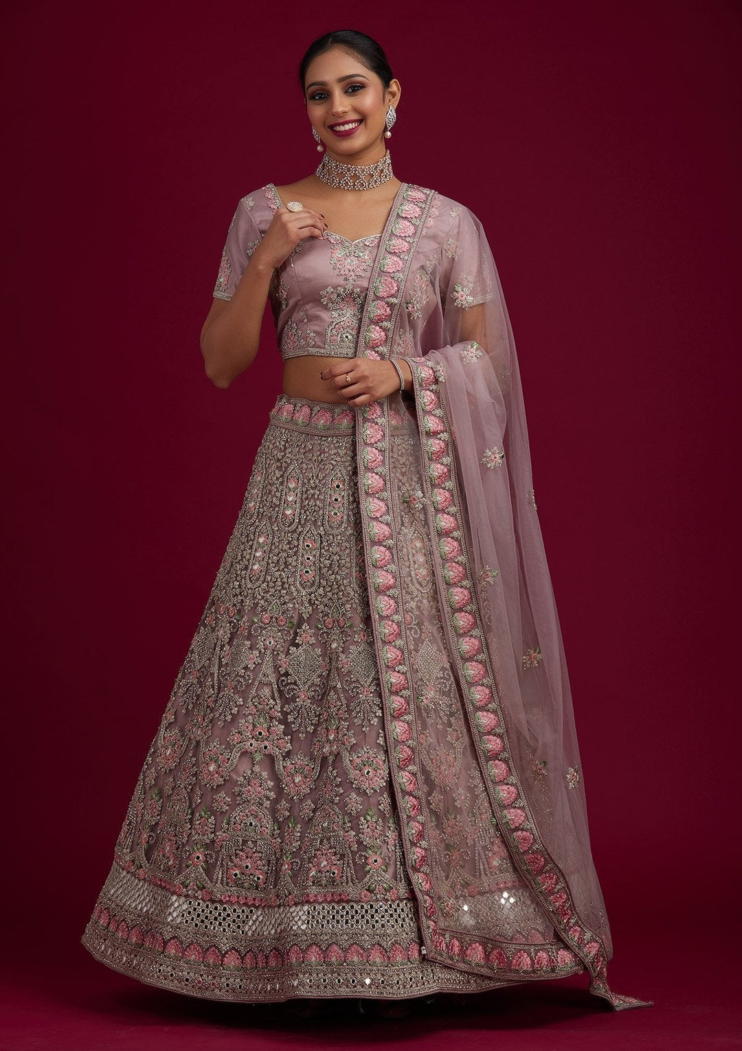 Mauve Silver Stonework Net Designer Semi-Stitched Lehenga - koskii