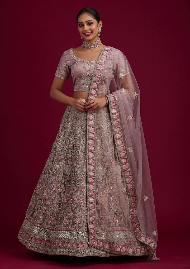 Mauve Silver Stonework Net Designer Semi-Stitched Lehenga - koskii