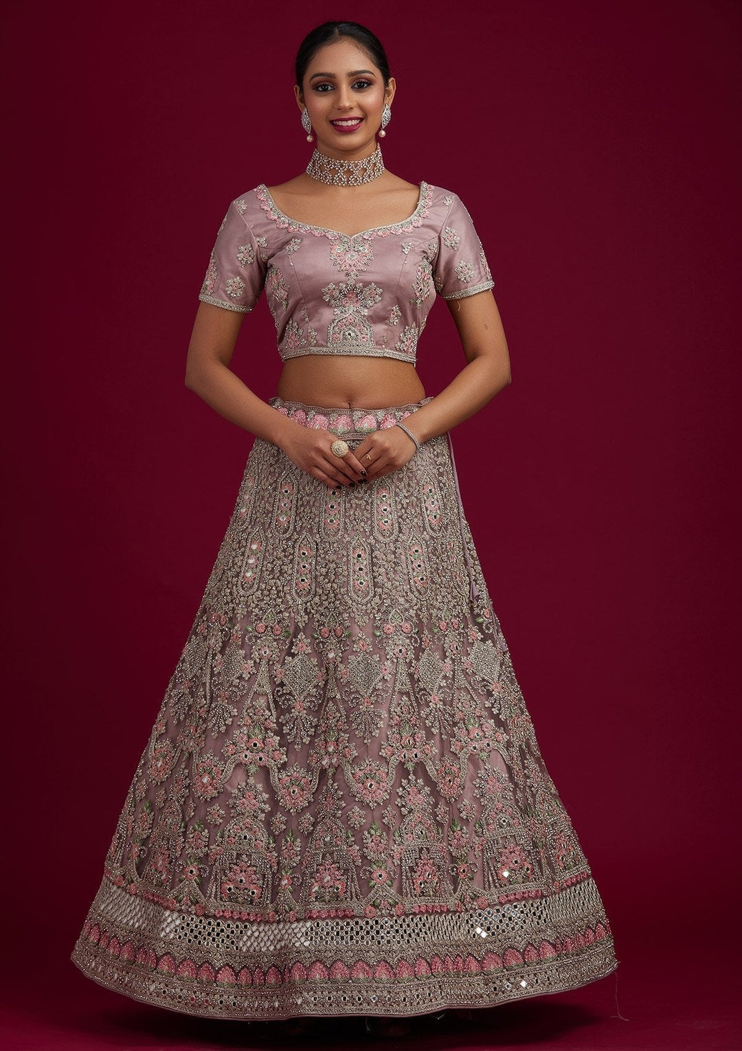 Mauve Silver Stonework Net Designer Semi-Stitched Lehenga - koskii