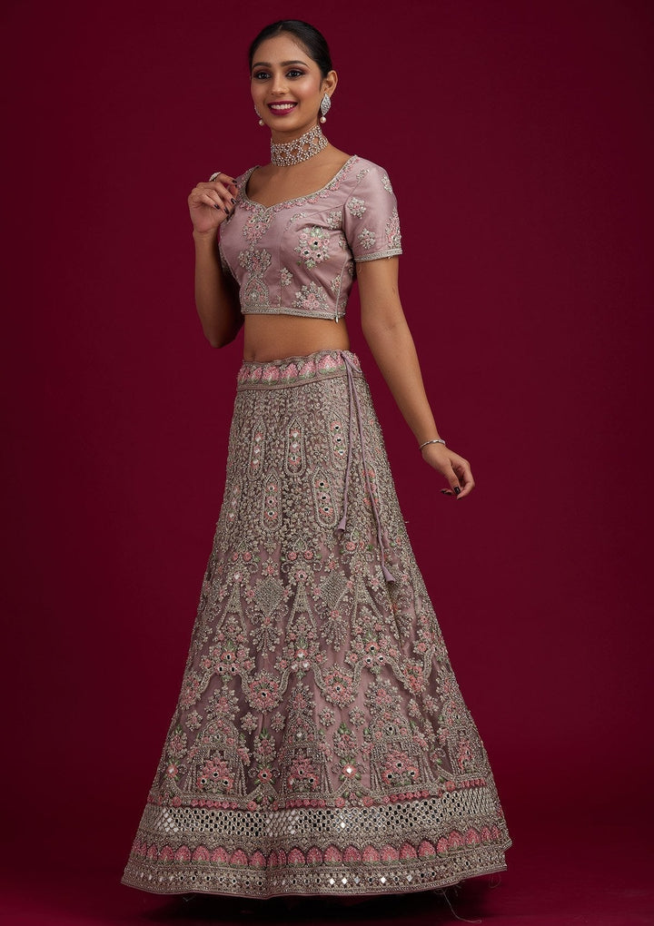 Mauve Silver Stonework Net Designer Semi-Stitched Lehenga - koskii