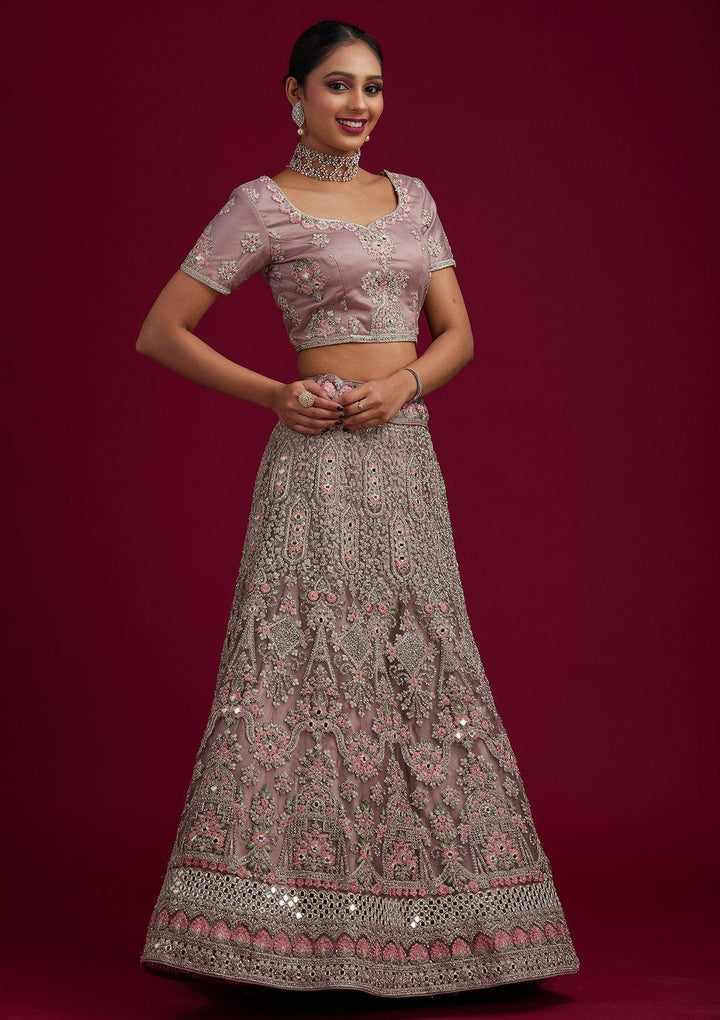 Mauve Silver Stonework Net Designer Semi-Stitched Lehenga - koskii