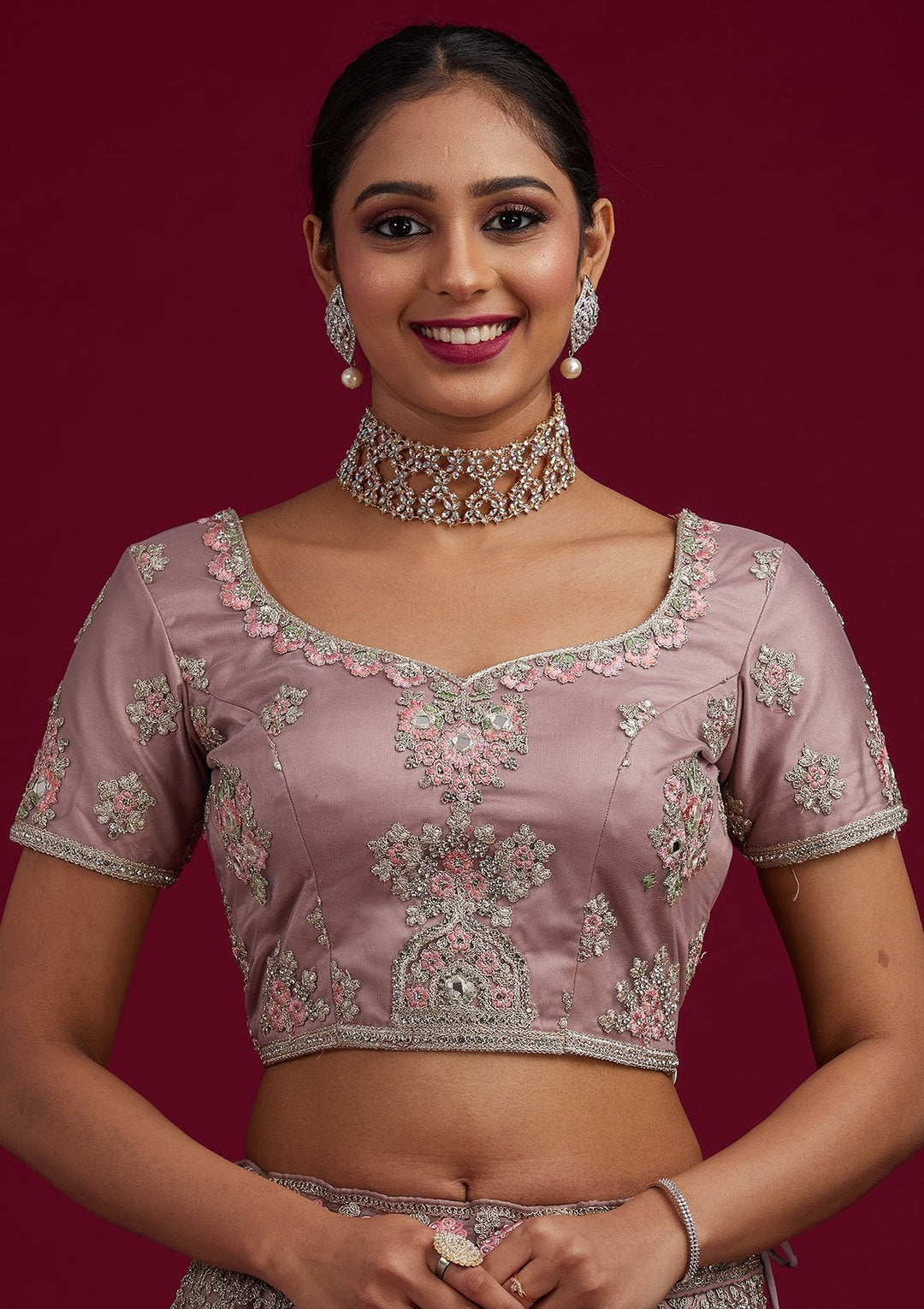 Mauve Silver Stonework Net Designer Semi-Stitched Lehenga - koskii