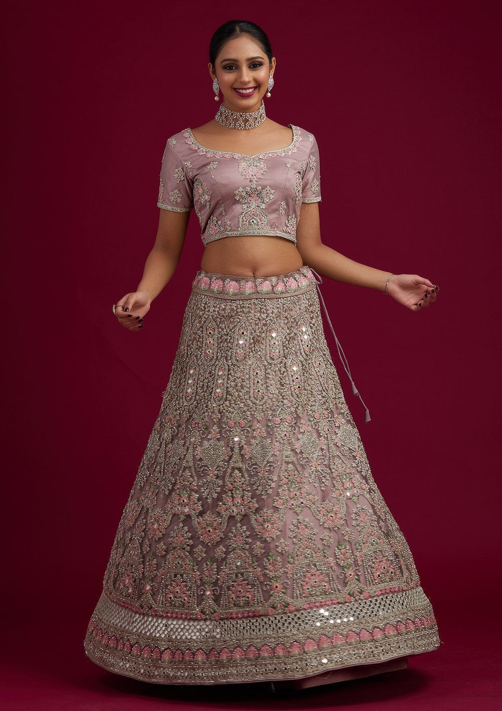 Mauve Silver Stonework Net Designer Semi-Stitched Lehenga - koskii