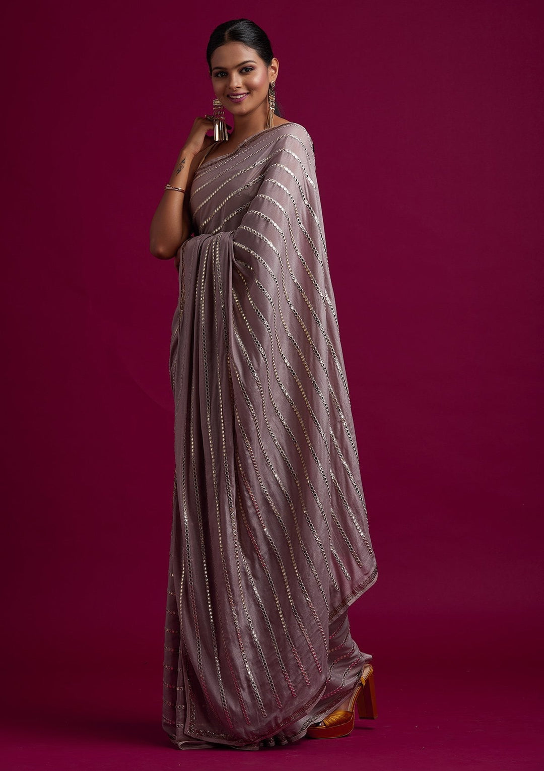 Mauve Swarovski Georgette Designer Saree - koskii
