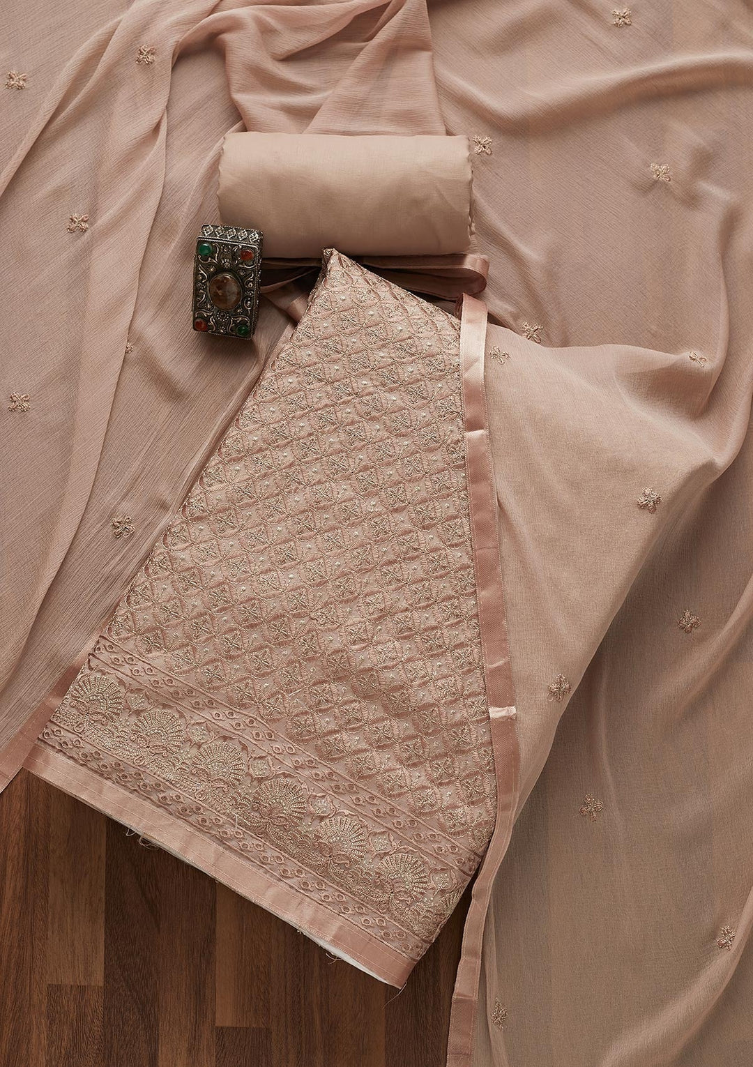 Mauve Threadwork Chanderi Unstitched Salwar Suit-Koskii