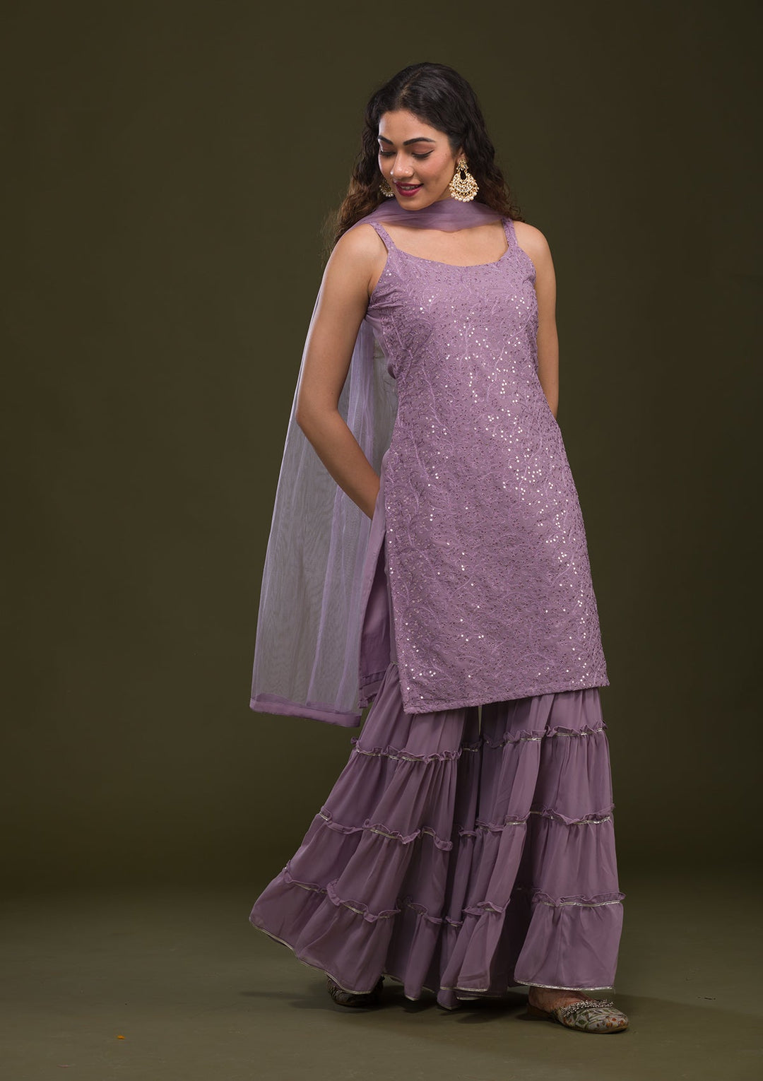 Mauve Threadwork Georgette Readymade Salwar Kameez-Koskii