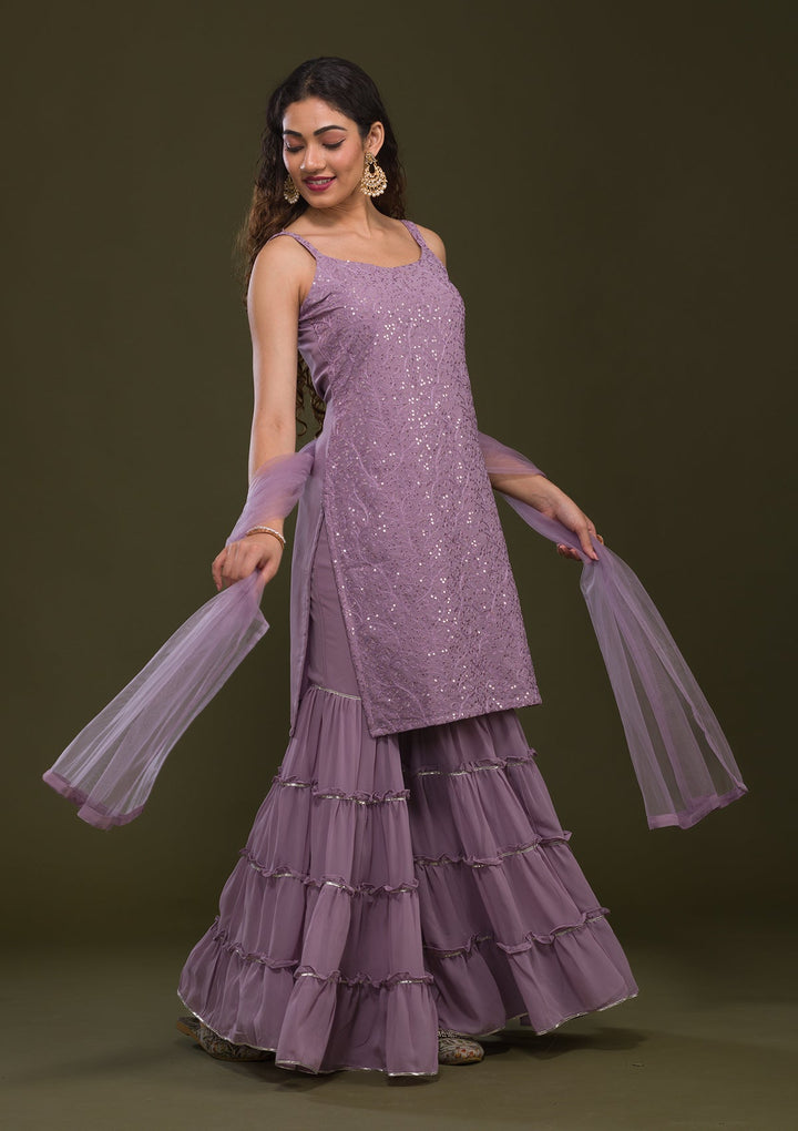 Mauve Threadwork Georgette Readymade Salwar Kameez-Koskii