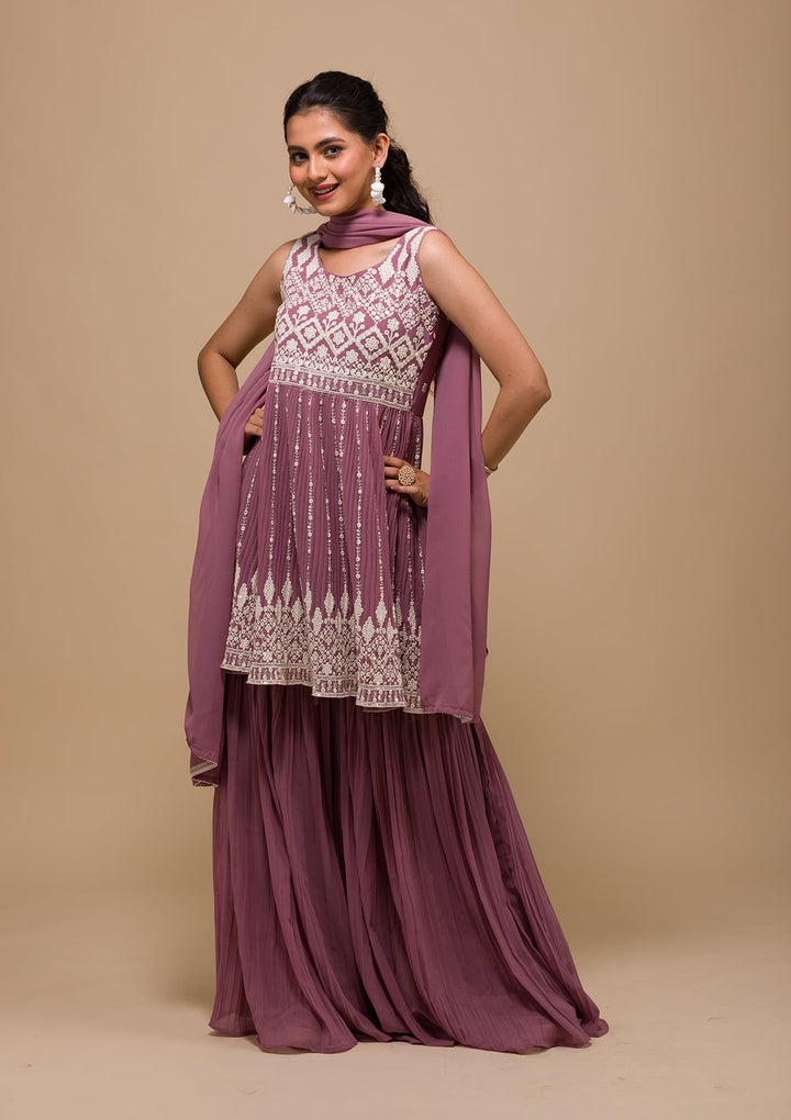 Mauve Threadwork Georgette Readymade Salwar Kameez-Koskii