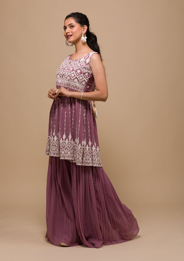 Mauve Threadwork Georgette Readymade Salwar Kameez-Koskii