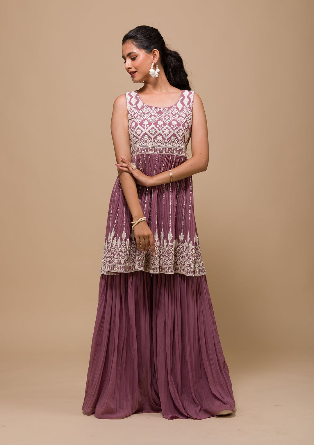 Mauve Threadwork Georgette Readymade Salwar Kameez-Koskii