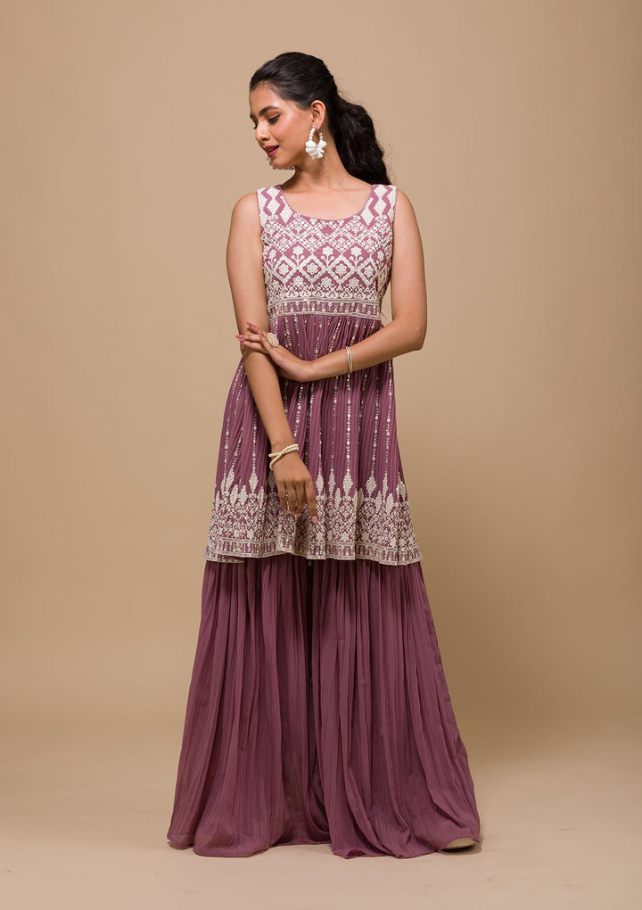 Mauve Threadwork Georgette Readymade Salwar Kameez-Koskii