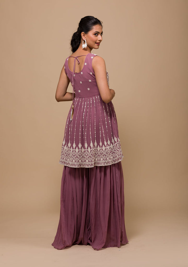 Mauve Threadwork Georgette Readymade Salwar Kameez-Koskii