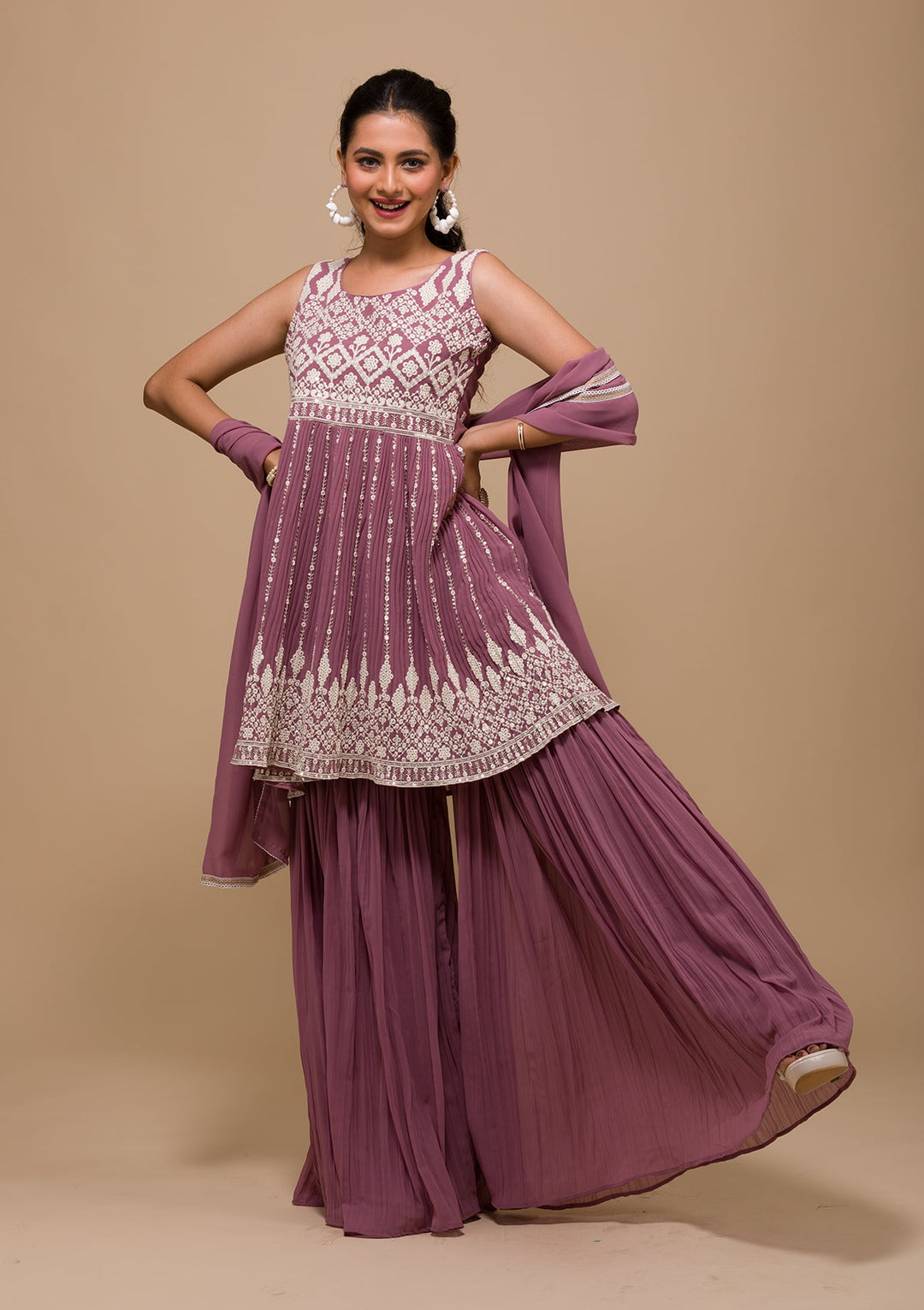 Mauve Threadwork Georgette Readymade Salwar Kameez-Koskii