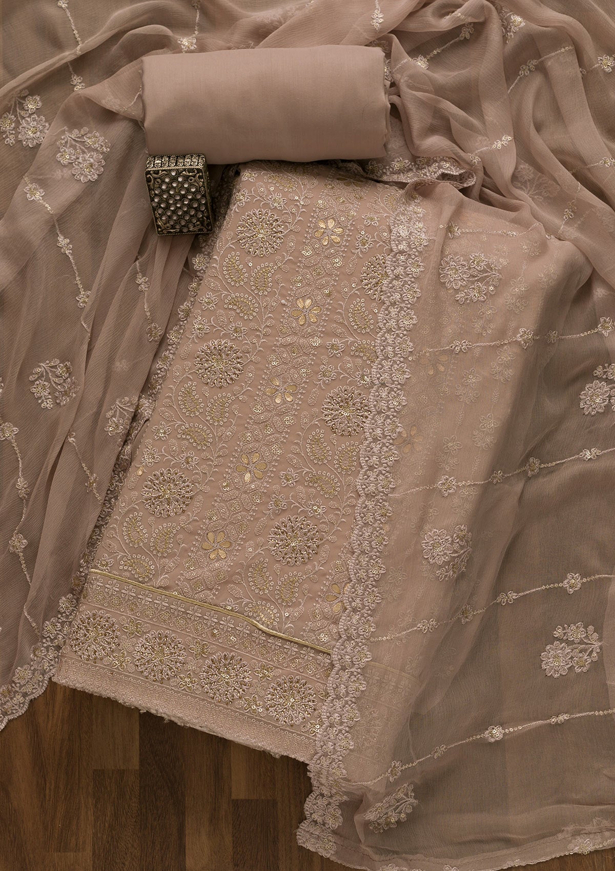 Mauve Threadwork Georgette Unstitched Salwar Suit-Koskii
